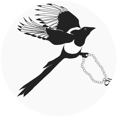 Logo of a magpie carrying pearl necklace with a CH pendant.