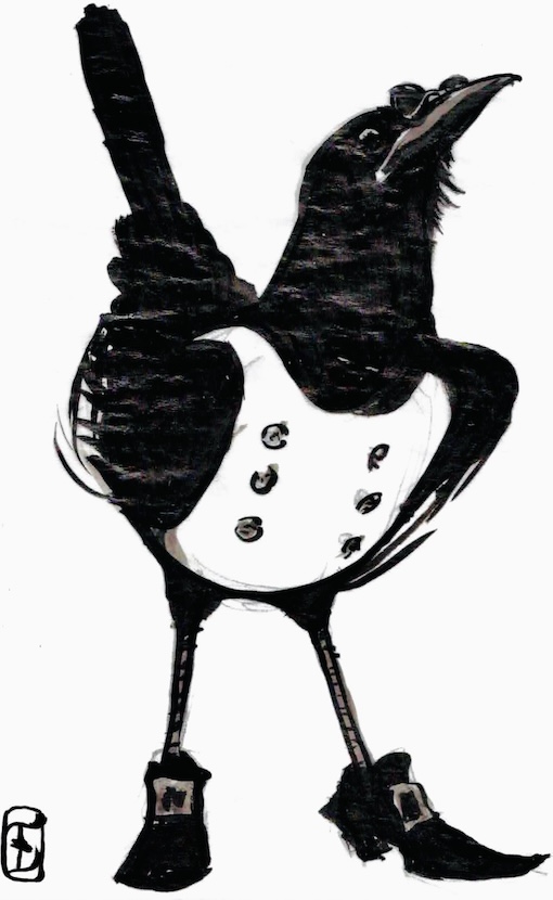 A monocle-wearing magpie stares down its nose at you. Upon its white breast are two rows of three buttons and upon its feet are two black and heeled boots with buckles.