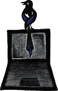 A magpie balances on the top edge of a laptop with its tail pulled forward so that it hangs over the screen; reminiscent of a dog with its tail between its legs. Its wings cover its groin.