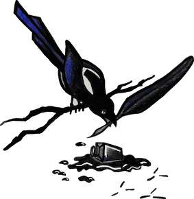 A stylized magpie stands on a branch with tail up its head down. It holds a feather quill in its mouth as it investigates an ink jar lying on its side which is surrounded by spilled ink and magpie prints.