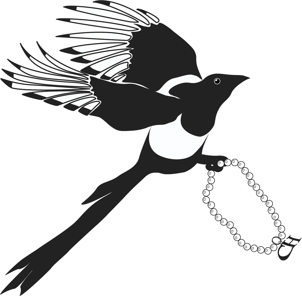 A stylized magpie flies up and to the right with its wings high and back in upstroke. Hanging from its claws is a pearl necklace and from bail of the necklace hangs a pendant with the capitalized initials "CH".