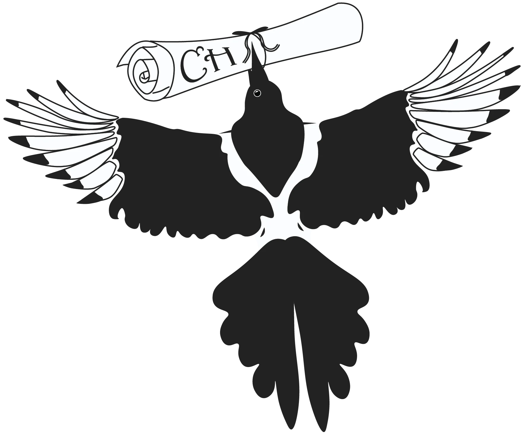 The dorsal view of a stylized magpie with wings fully outstretched flying up. In its beak it carries a scroll, tied closed with a bow, that bears the capitalized initials "CH".