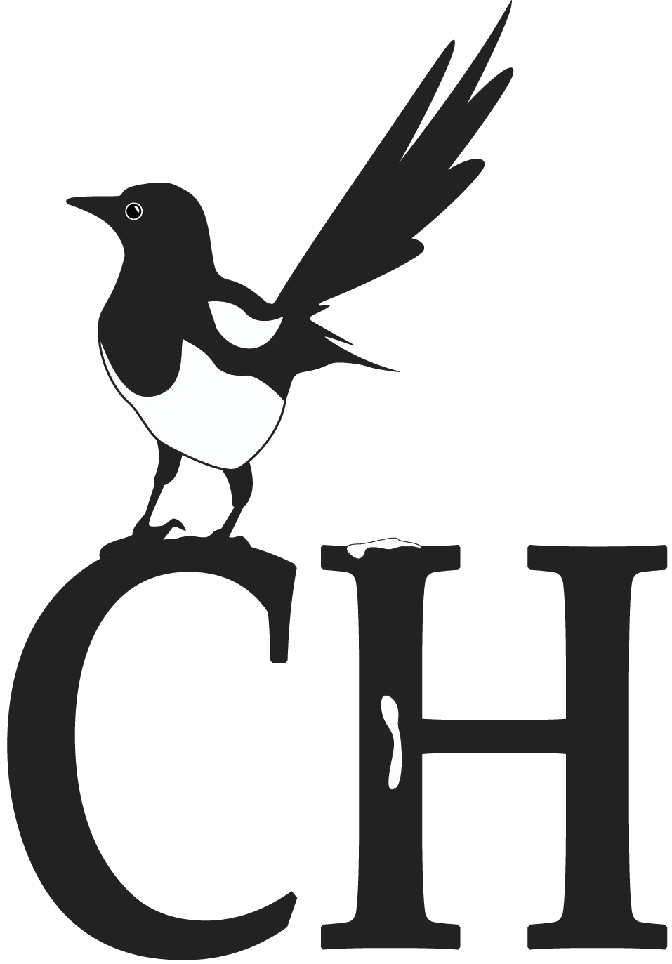 A stylized magpie stands upon a large letter C. Below its butt and raised tail is the left pillar of a capitalized H that has a bit of white bird poop dribbling down its side.